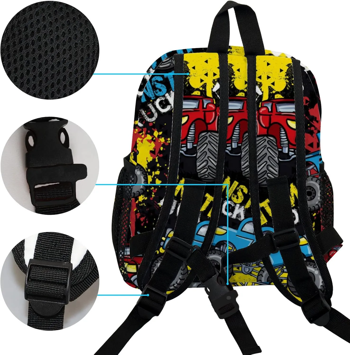 Vantaso Cute Monster Truck Black Kids Backpack, Mini Bag for Boys Girls Preschool Travel