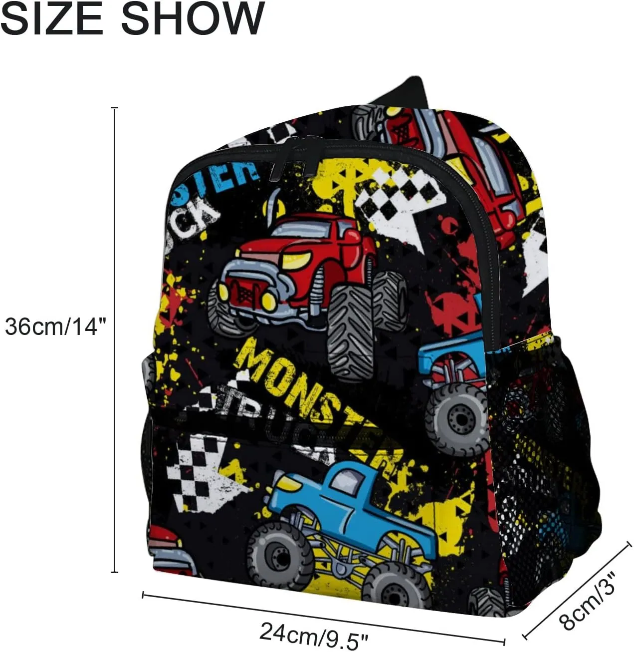 Vantaso Cute Monster Truck Black Kids Backpack, Mini Bag for Boys Girls Preschool Travel