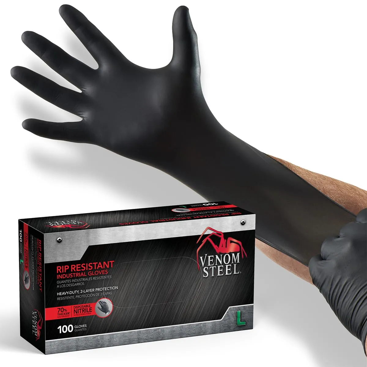 Venom Steel Black Nitrile Gloves L, 6 mil, Latex-Free, Chemical Resistant Disposable Gloves, Textured Grip, Heavy Duty Two-Layer Protection, 100 Count