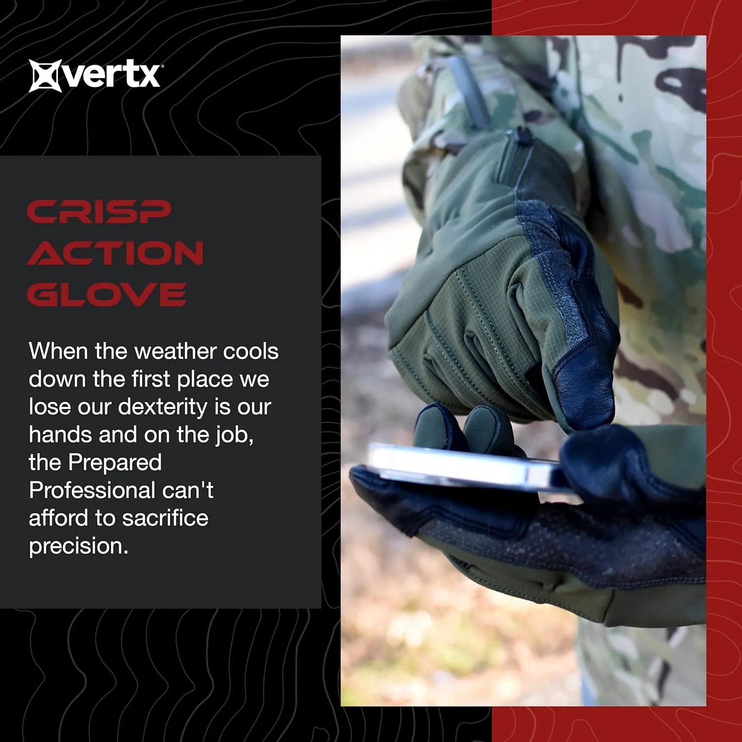 Vertx Crisp Action Mens Tactical Gloves, Water Resistant, Breathable, Touch Screen Compatible with Trigger Guard