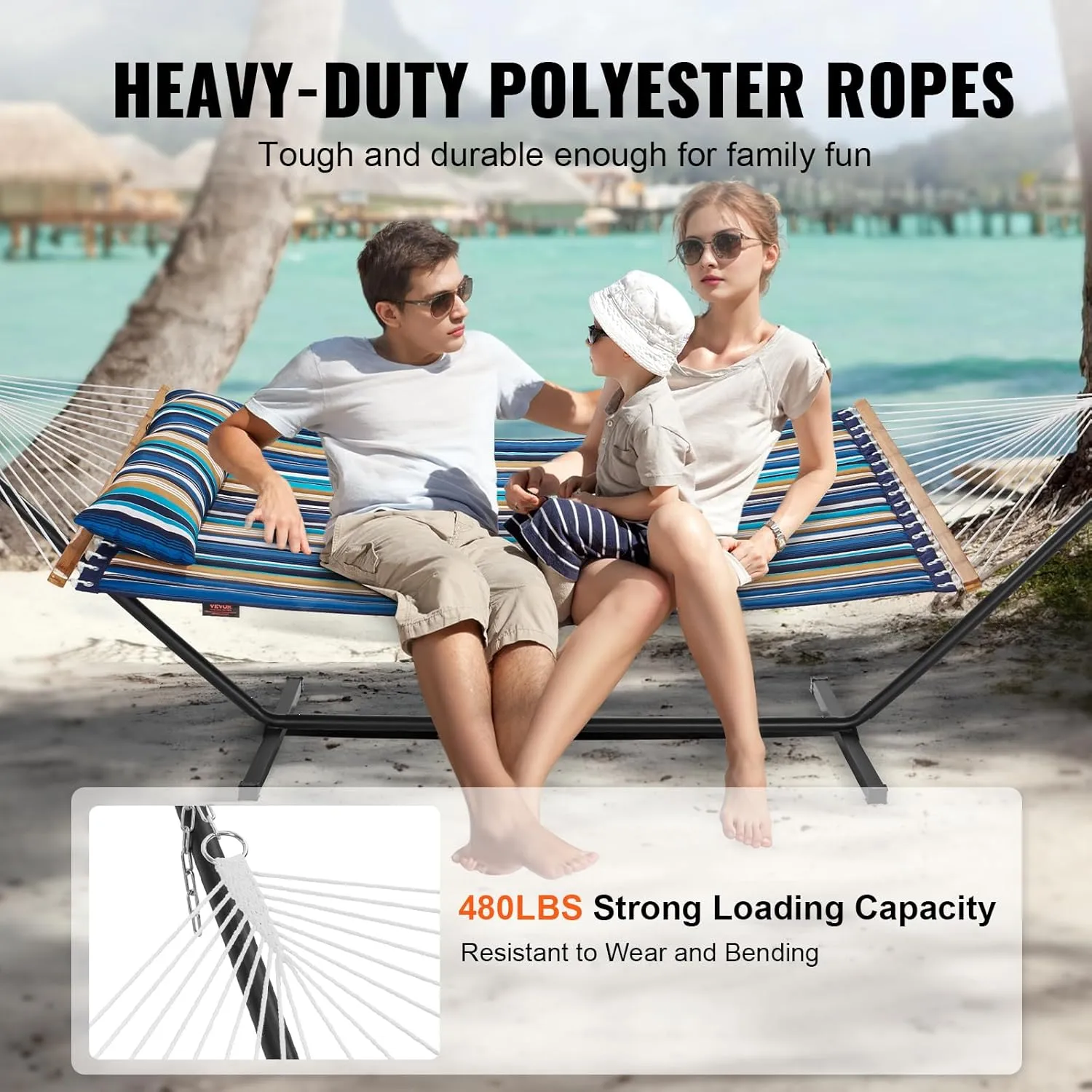 VEVOR Double Quilted Fabric Hammock with Stand, Heavy Duty 480lb 2 Person Hammock with Stand, Hardwood Spreader Bar & Portable Bag, Free Standing Hammock for Outside, Patio, Garden, Beach