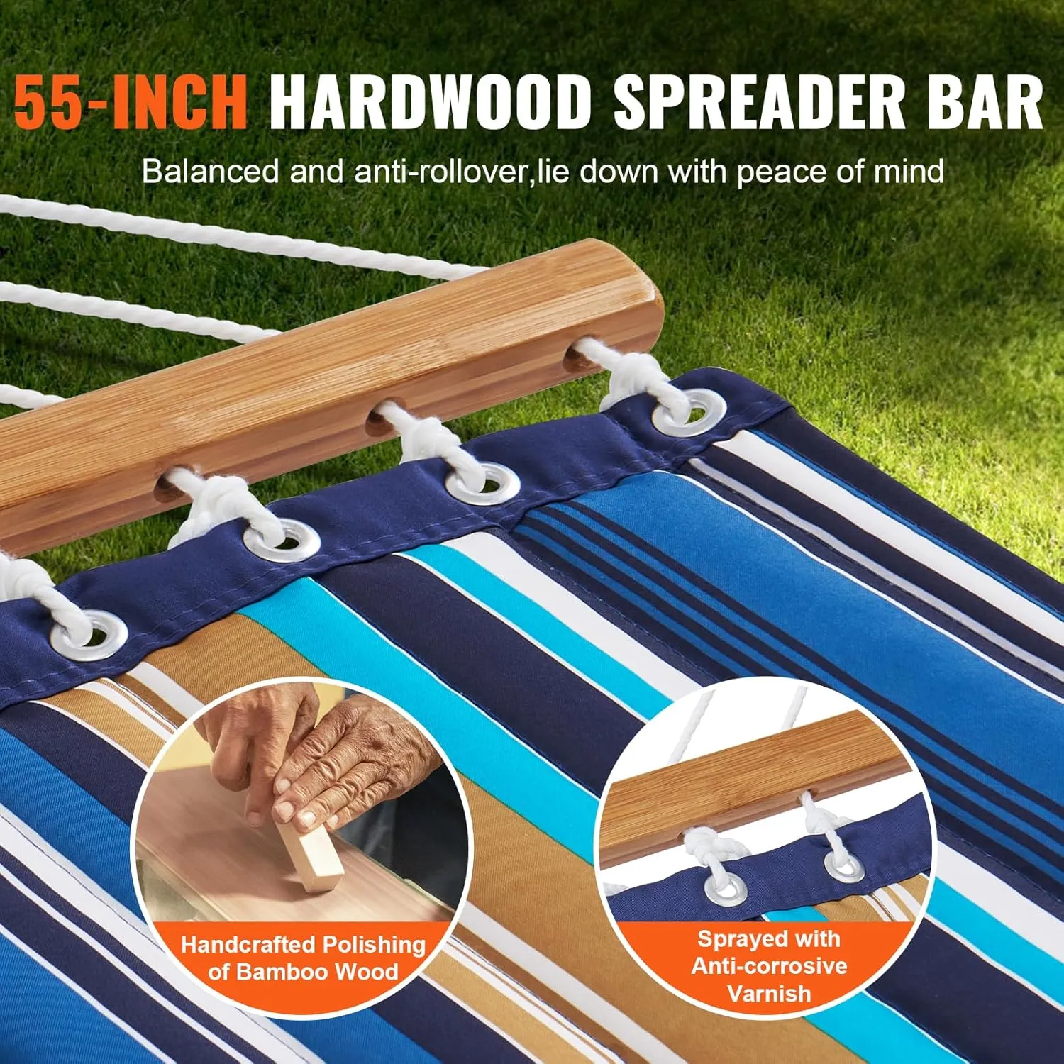 VEVOR Double Quilted Fabric Hammock with Stand, Heavy Duty 480lb 2 Person Hammock with Stand, Hardwood Spreader Bar & Portable Bag, Free Standing Hammock for Outside, Patio, Garden, Beach