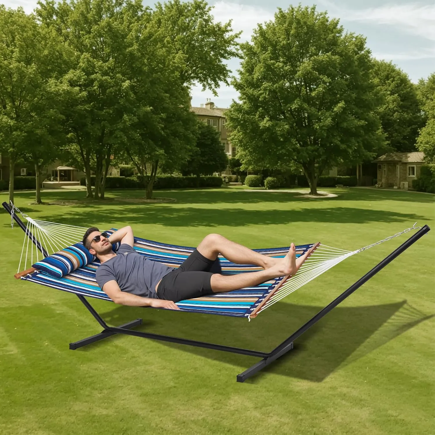VEVOR Double Quilted Fabric Hammock with Stand, Heavy Duty 480lb 2 Person Hammock with Stand, Hardwood Spreader Bar & Portable Bag, Free Standing Hammock for Outside, Patio, Garden, Beach