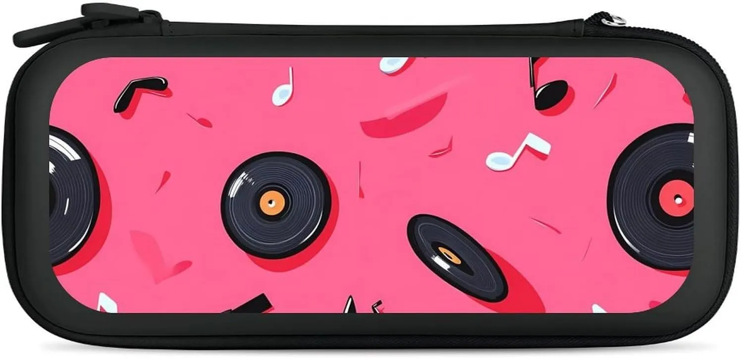 Vinyl Records Musical Notes 80s Compatible with Switch Carrying Case Hard Travel Game Bag Pouch with 15 Games Accessories