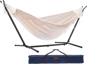 Vivere Double Cotton Hammock with Space Saving Steel Stand, Upgraded Polyester End Strings 450 lb Capacity - Premium Carry Bag Included - USA Grown Cotton (Natural)