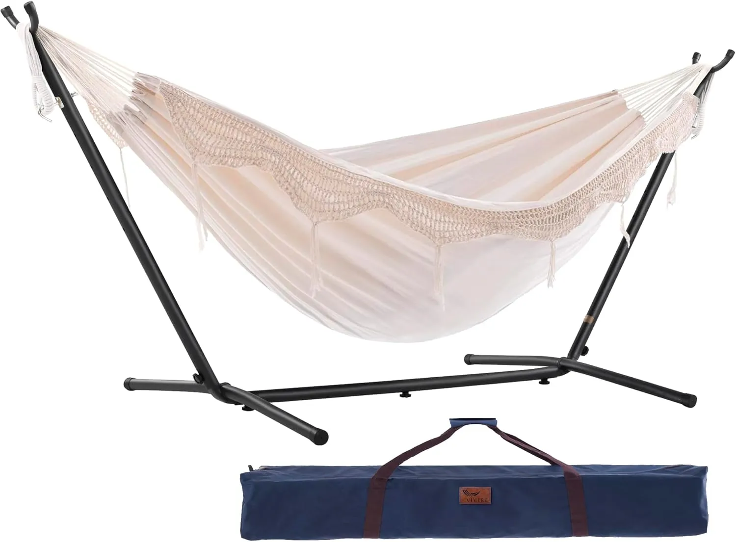 Vivere Double Cotton Hammock with Space Saving Steel Stand, Upgraded Polyester End Strings 450 lb Capacity - Premium Carry Bag Included - USA Grown Cotton (Natural)