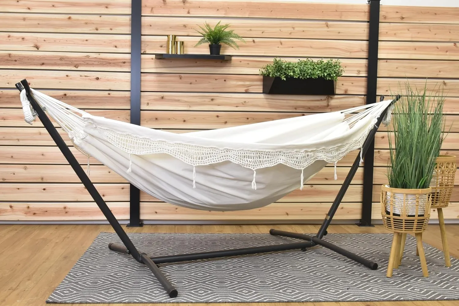 Vivere Double Cotton Hammock with Space Saving Steel Stand, Upgraded Polyester End Strings 450 lb Capacity - Premium Carry Bag Included - USA Grown Cotton (Natural)