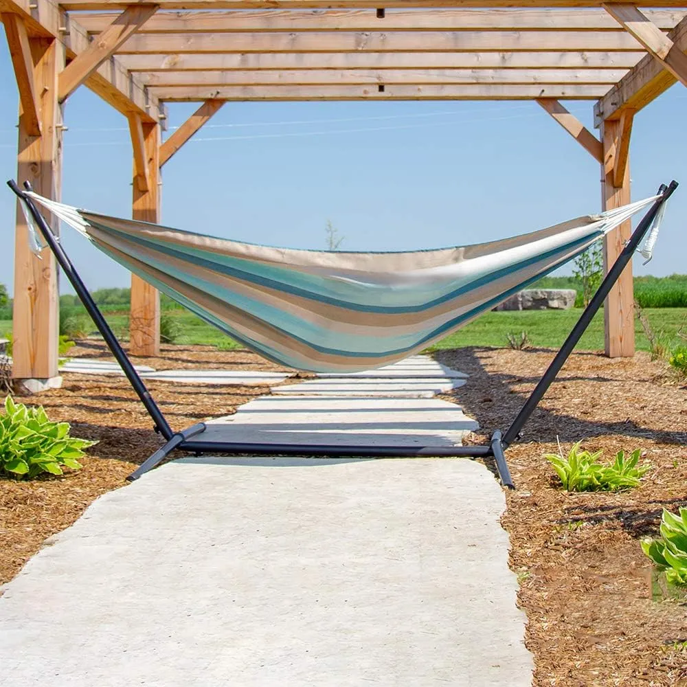 Vivere Double Hammock and Stand Combo – Durable, Comfortable, 450 lb Capacity, Heavy Duty Steel Stand, Tool-Free Assembly, Includes Carry Bag, Gateway Mist