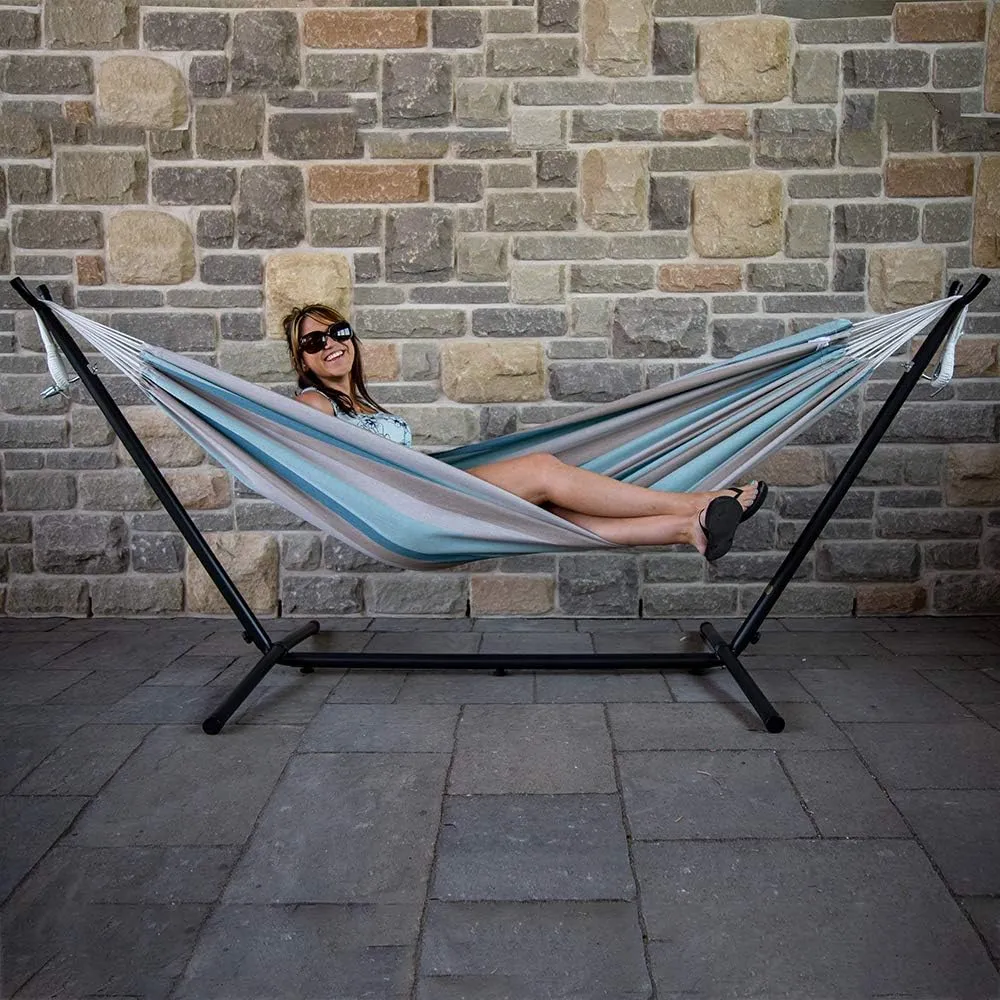 Vivere Double Hammock and Stand Combo – Durable, Comfortable, 450 lb Capacity, Heavy Duty Steel Stand, Tool-Free Assembly, Includes Carry Bag, Gateway Mist