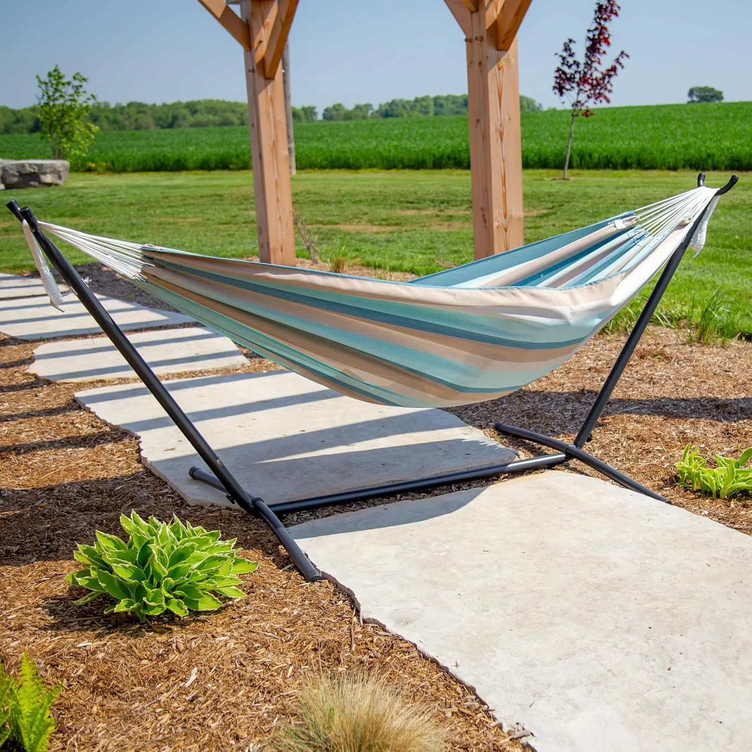 Vivere Double Hammock and Stand Combo – Durable, Comfortable, 450 lb Capacity, Heavy Duty Steel Stand, Tool-Free Assembly, Includes Carry Bag, Gateway Mist