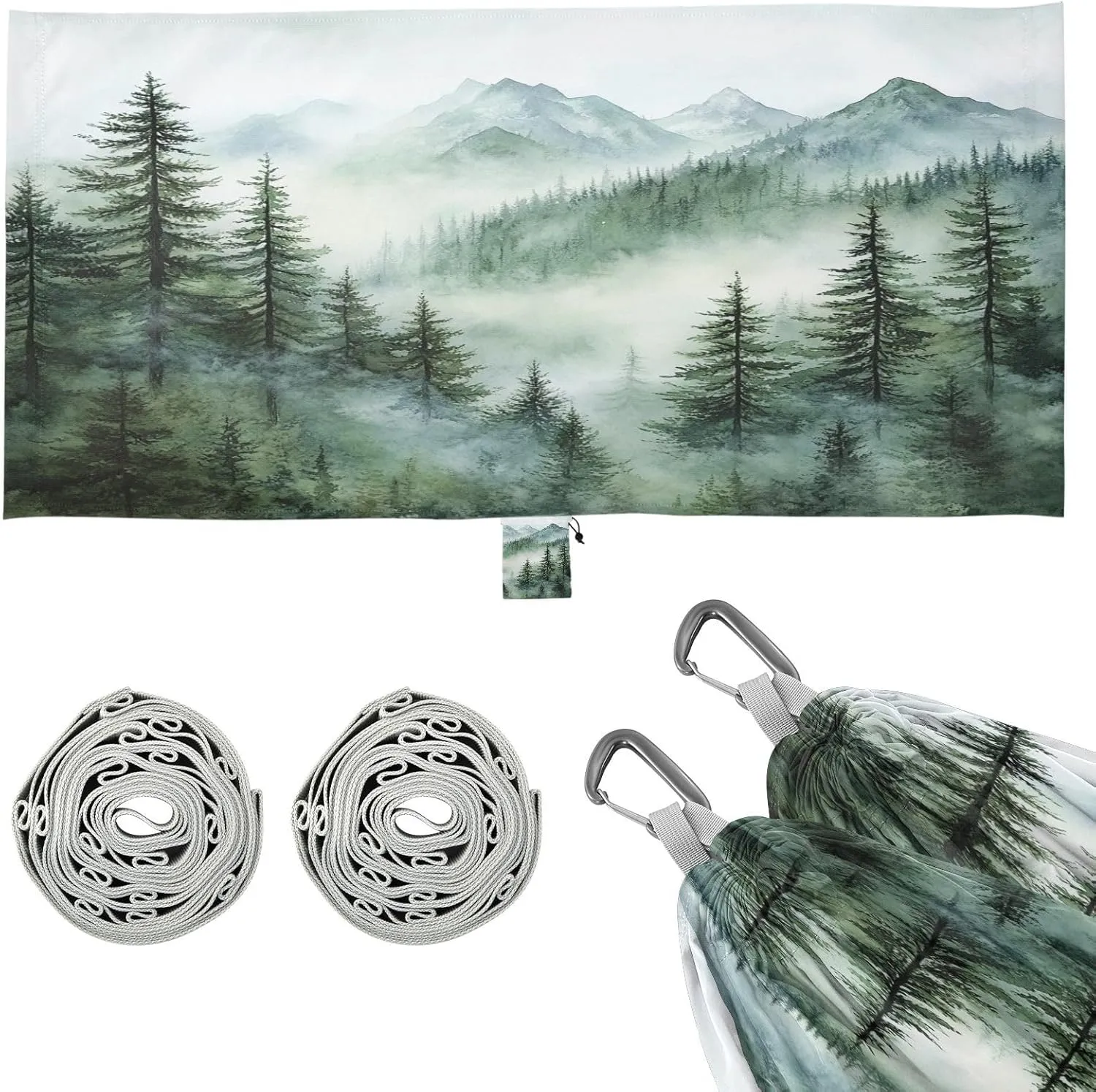Watercolor Mountain Camping Hammock, Single Portable Hammocks with Tree Straps & Attached Carry Bag, 330Lbs Capacity Perfect for Outside Indoor Hiking Beach Backpack Travel