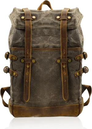 Waxed Canvas Leather Hiking Travel Waterproof With Backpack Carrying System For College Weekend Travel Fit 15in Laptops (Army Green)