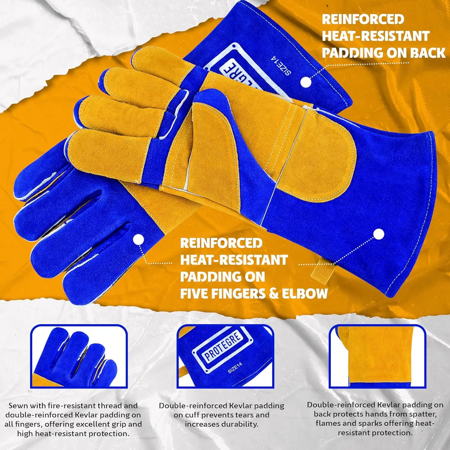 Welding Gloves Fire Heat Resistant 932℉ Fireproof Leather Gloves for Mig Stick Forge Fireplace Wood Stove BBQ Grill