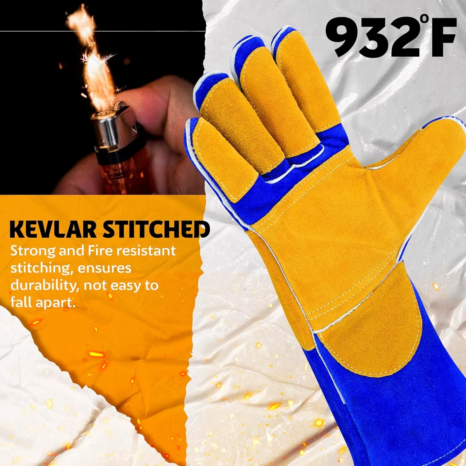 Welding Gloves Fire Heat Resistant 932℉ Fireproof Leather Gloves for Mig Stick Forge Fireplace Wood Stove BBQ Grill