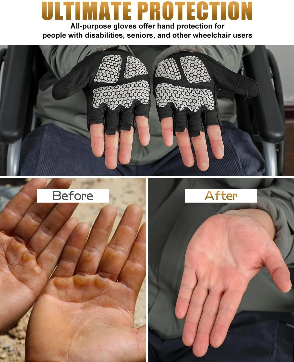 Wheelchair Gloves Half-Finger with Anti-Blister Padding & Shock Absorption for Men Women