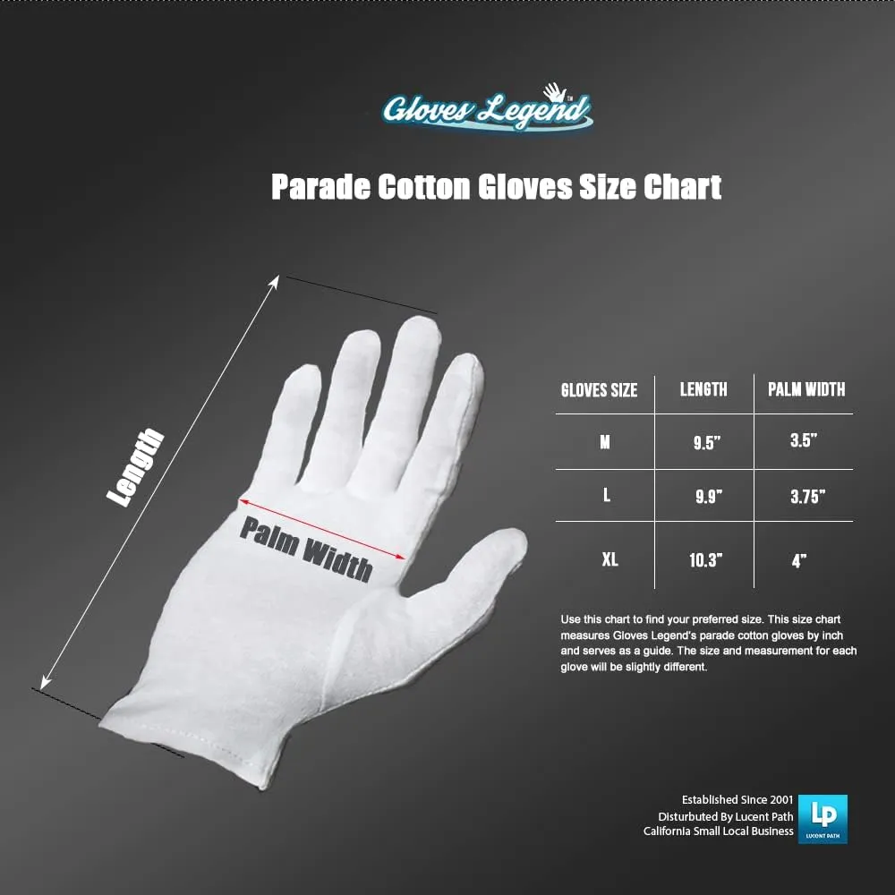 White Cotton Parade Gloves for Marching Band, Parade, Cosplay Costume, and Formal Attire 100% Cotton M, XL