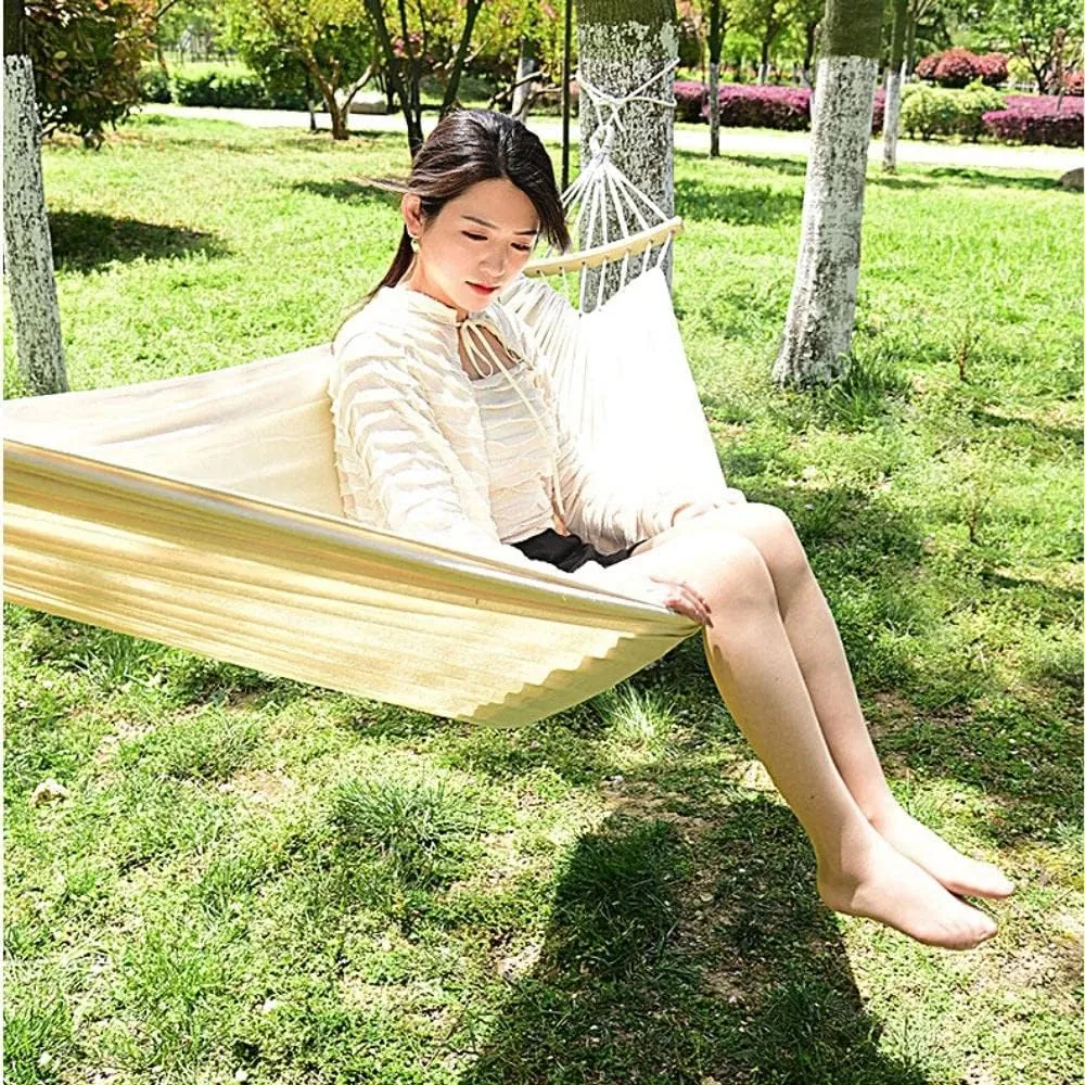 White Hammock Swing Bed with Wooden Bar, Premium Double Thickened Fabric Soft Canvas, Portable Travel Hanging Hammock for Camping and Outdoor (Large, BarWhite)