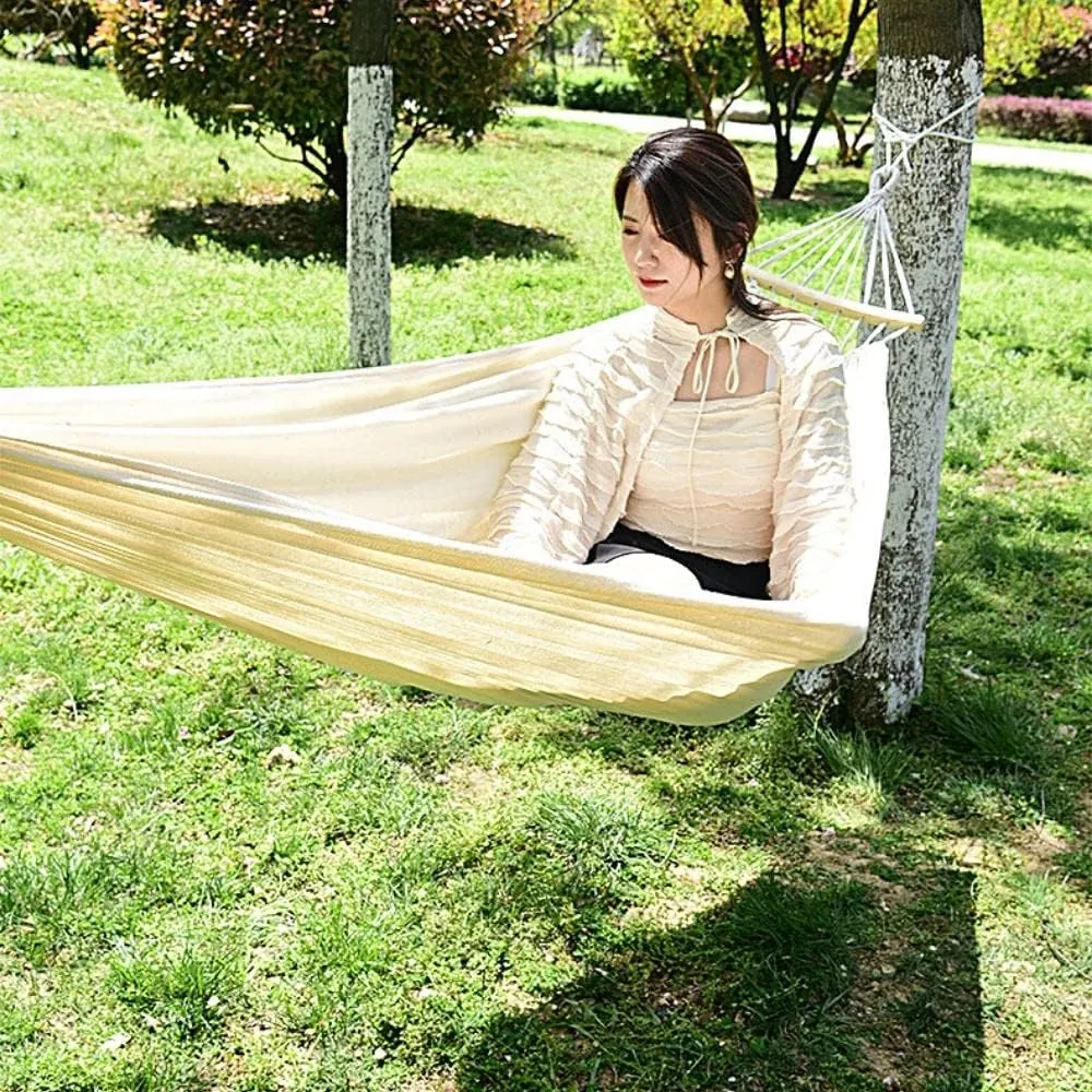 White Hammock Swing Bed with Wooden Bar, Premium Double Thickened Fabric Soft Canvas, Portable Travel Hanging Hammock for Camping and Outdoor (Large, BarWhite)