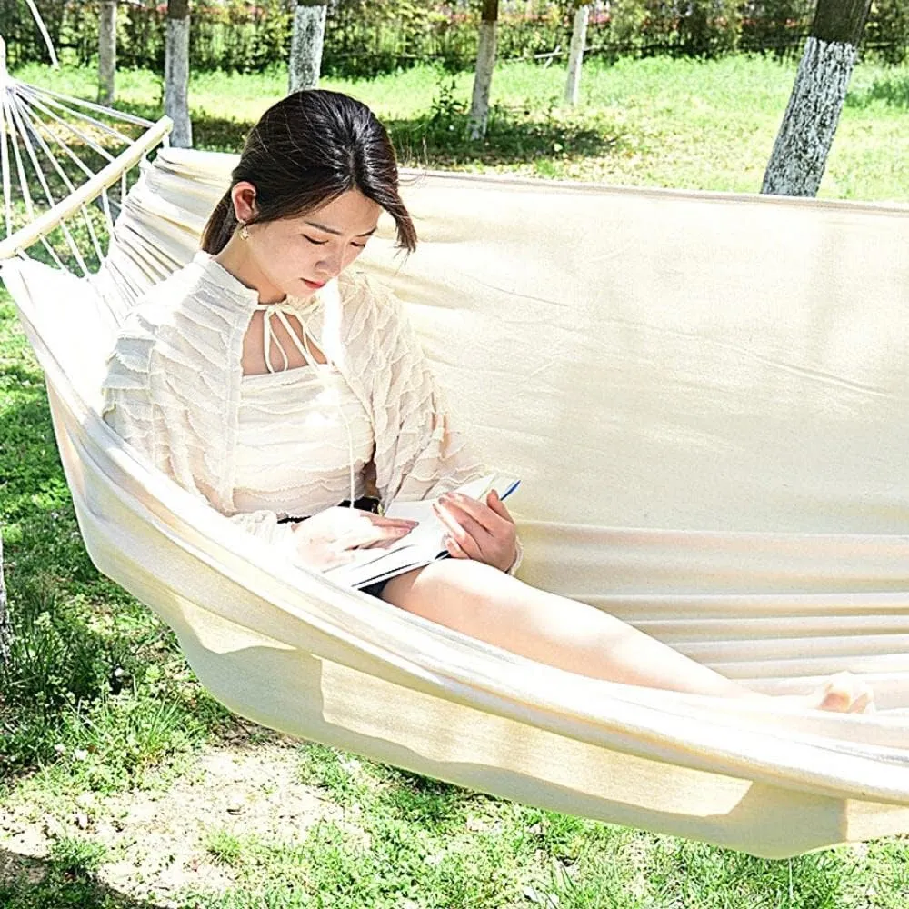 White Hammock Swing Bed with Wooden Bar, Premium Double Thickened Fabric Soft Canvas, Portable Travel Hanging Hammock for Camping and Outdoor (Large, BarWhite)