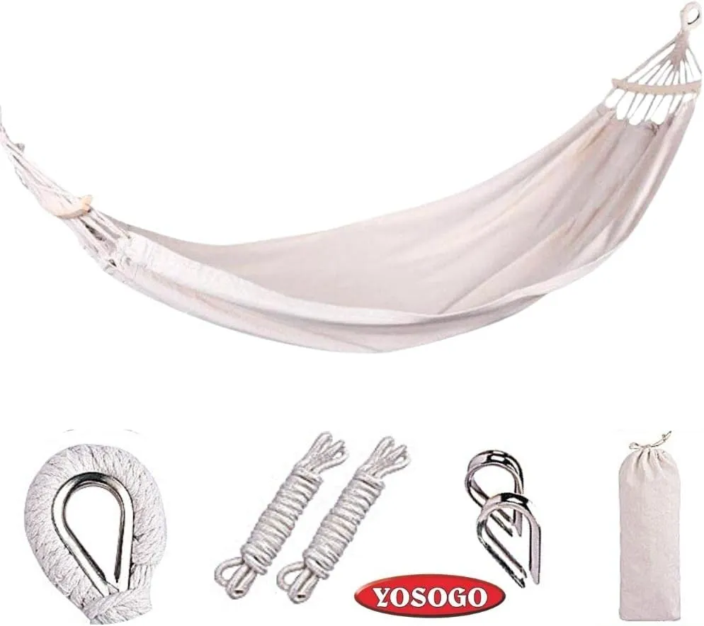 White Hammock Swing Bed with Wooden Bar, Premium Double Thickened Fabric Soft Canvas, Portable Travel Hanging Hammock for Camping and Outdoor (Large, BarWhite)