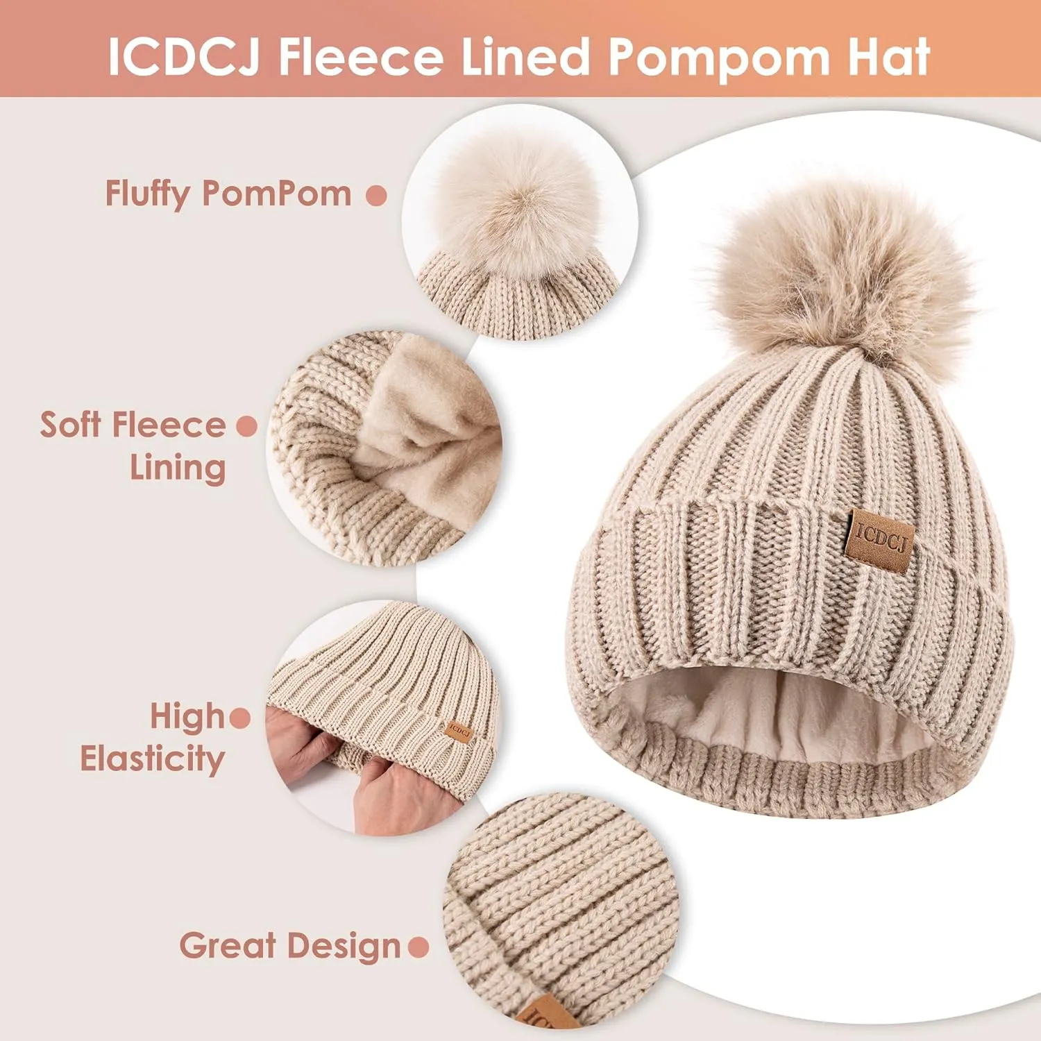 Winter Beanie Hat Gloves Set for Women Fleece Lined PomPom Hat Touchscreen Gloves