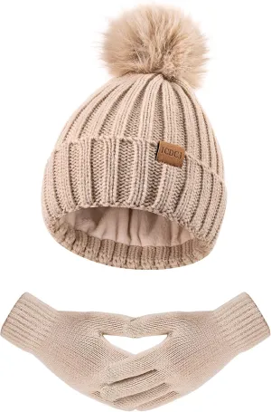 Winter Beanie Hat Gloves Set for Women Fleece Lined PomPom Hat Touchscreen Gloves