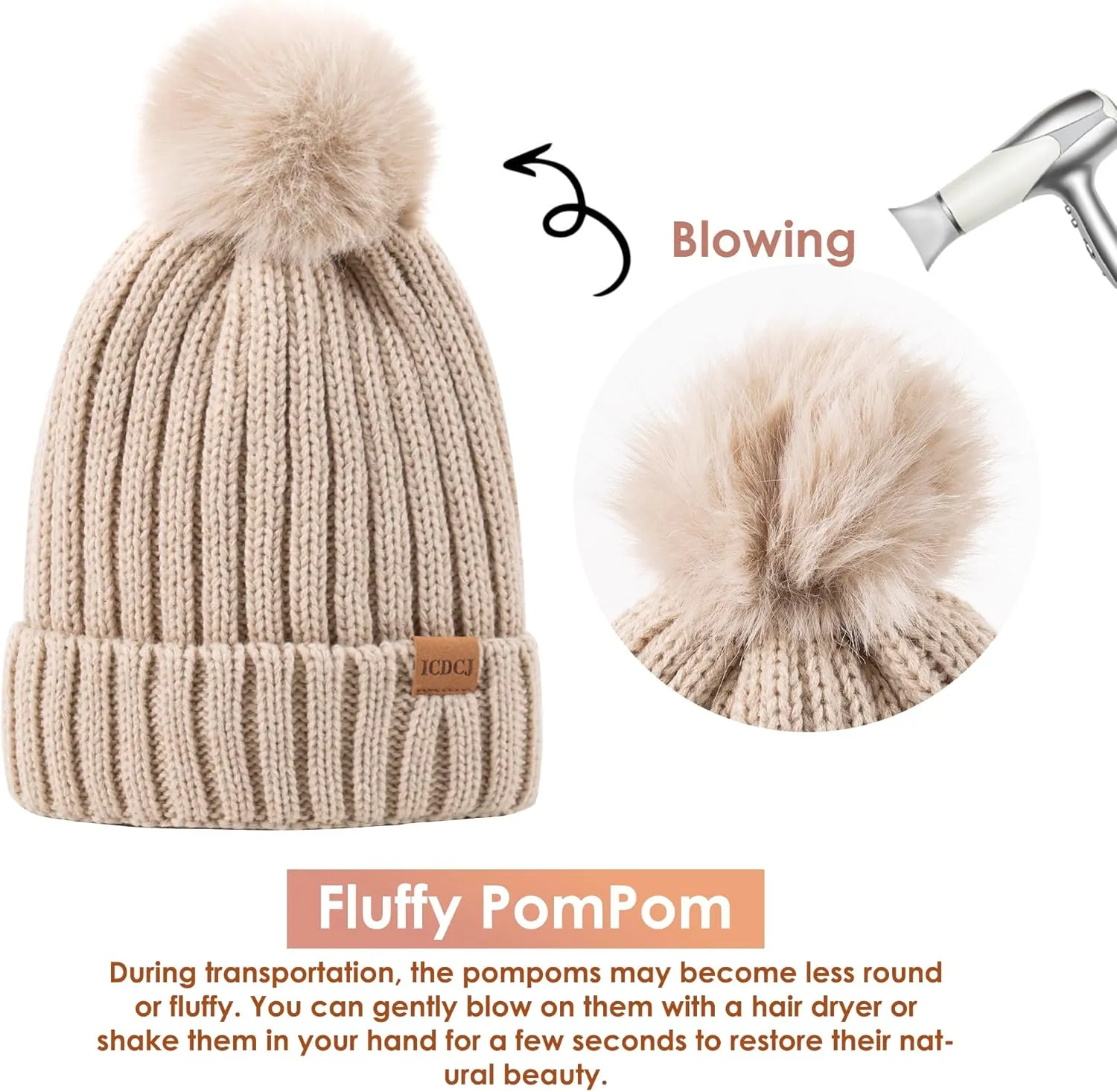 Winter Beanie Hat Gloves Set for Women Fleece Lined PomPom Hat Touchscreen Gloves