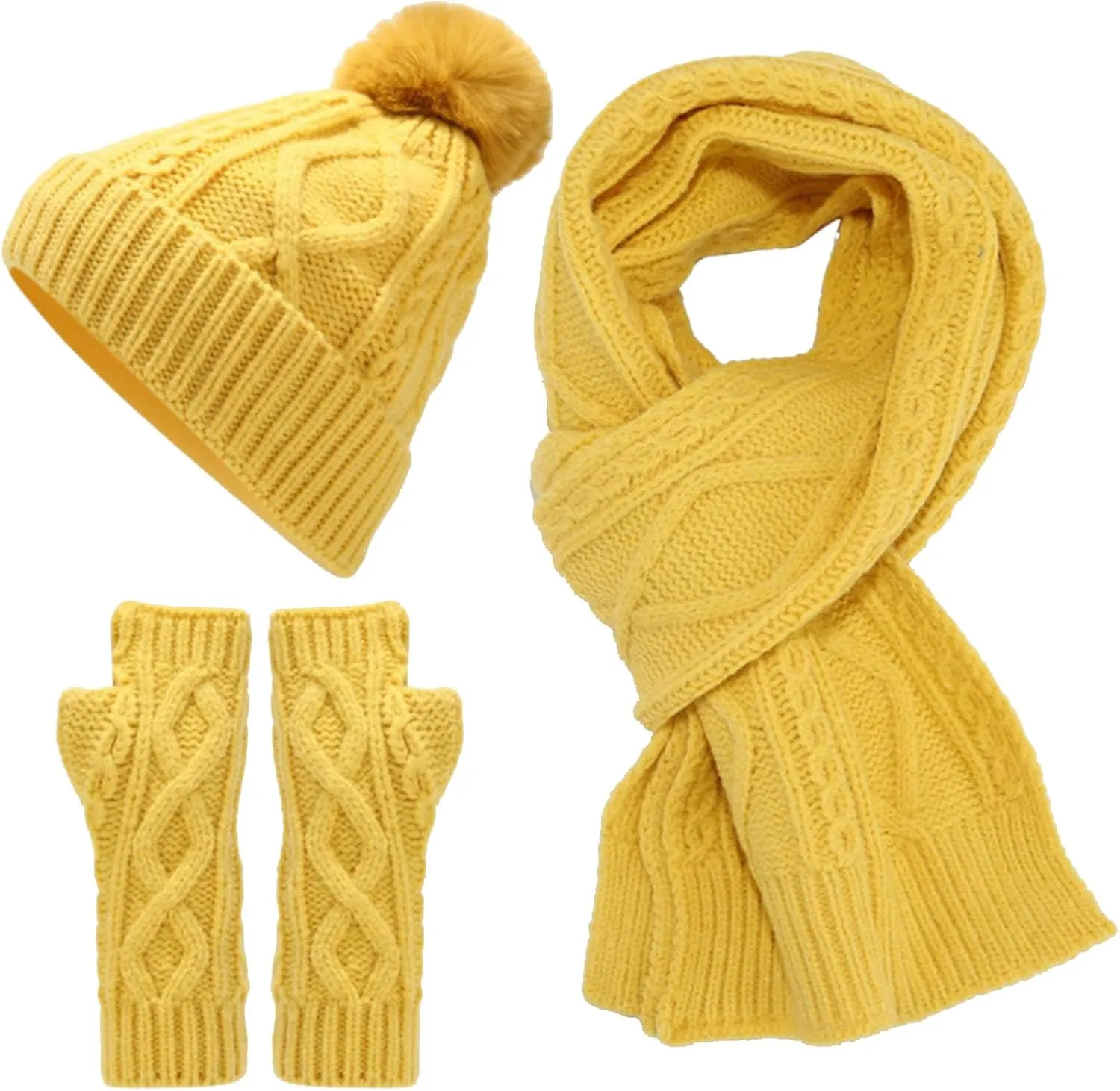 Winter Hats for Women Warm Cute Wool Hat Scarf Gloves Three Winter Thick Warm Knit Winter Skull Cap Gloves Neck