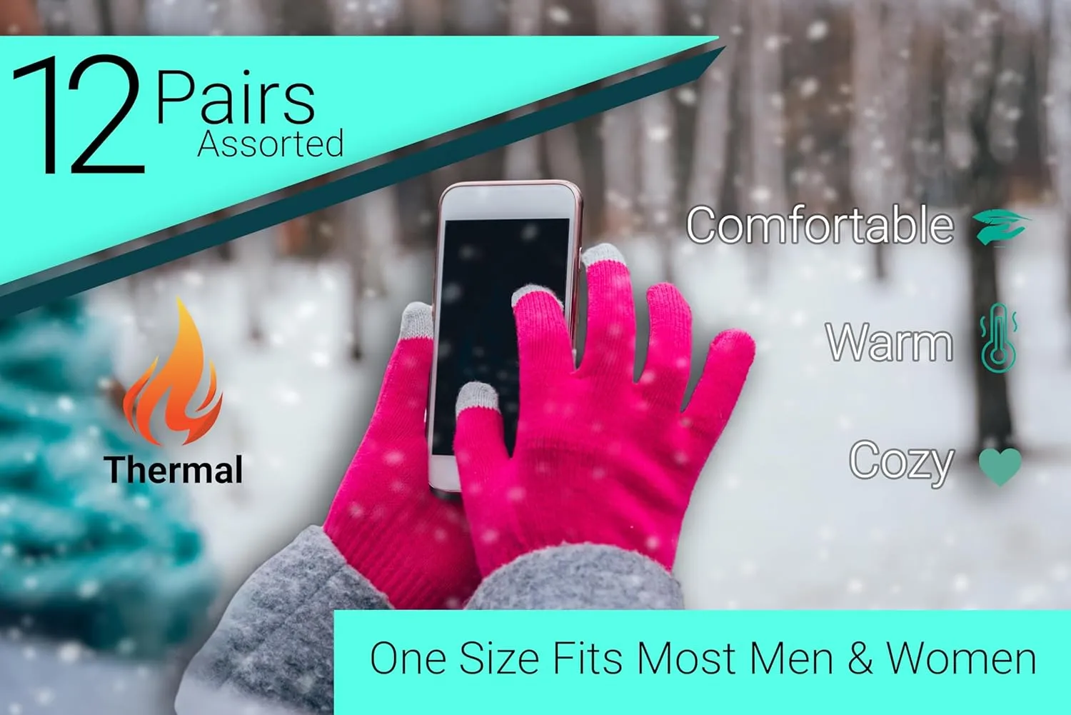 Winter Magic Gloves, 12 Pairs Stretchy Warm Knit Bulk Pack Mens Womens