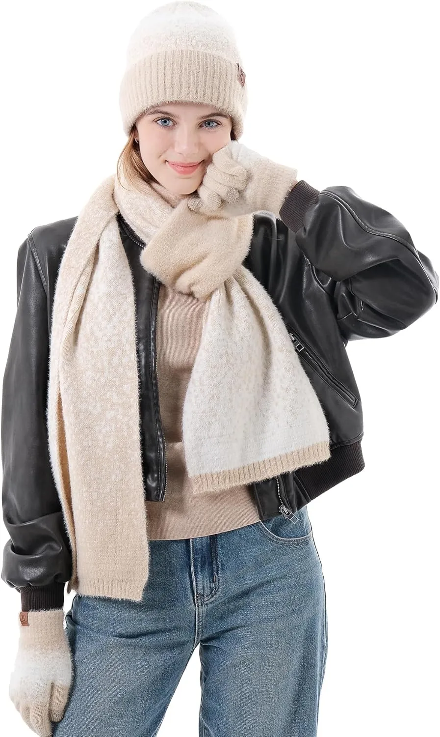 Womens Winter Knit Beanie Hats and Touchscreen Gloves Long Scarf Set with Warm Fleece Lined Skull Caps Scarves for Women