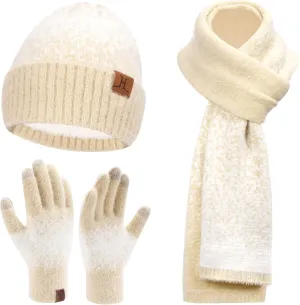Womens Winter Knit Beanie Hats and Touchscreen Gloves Long Scarf Set with Warm Fleece Lined Skull Caps Scarves for Women