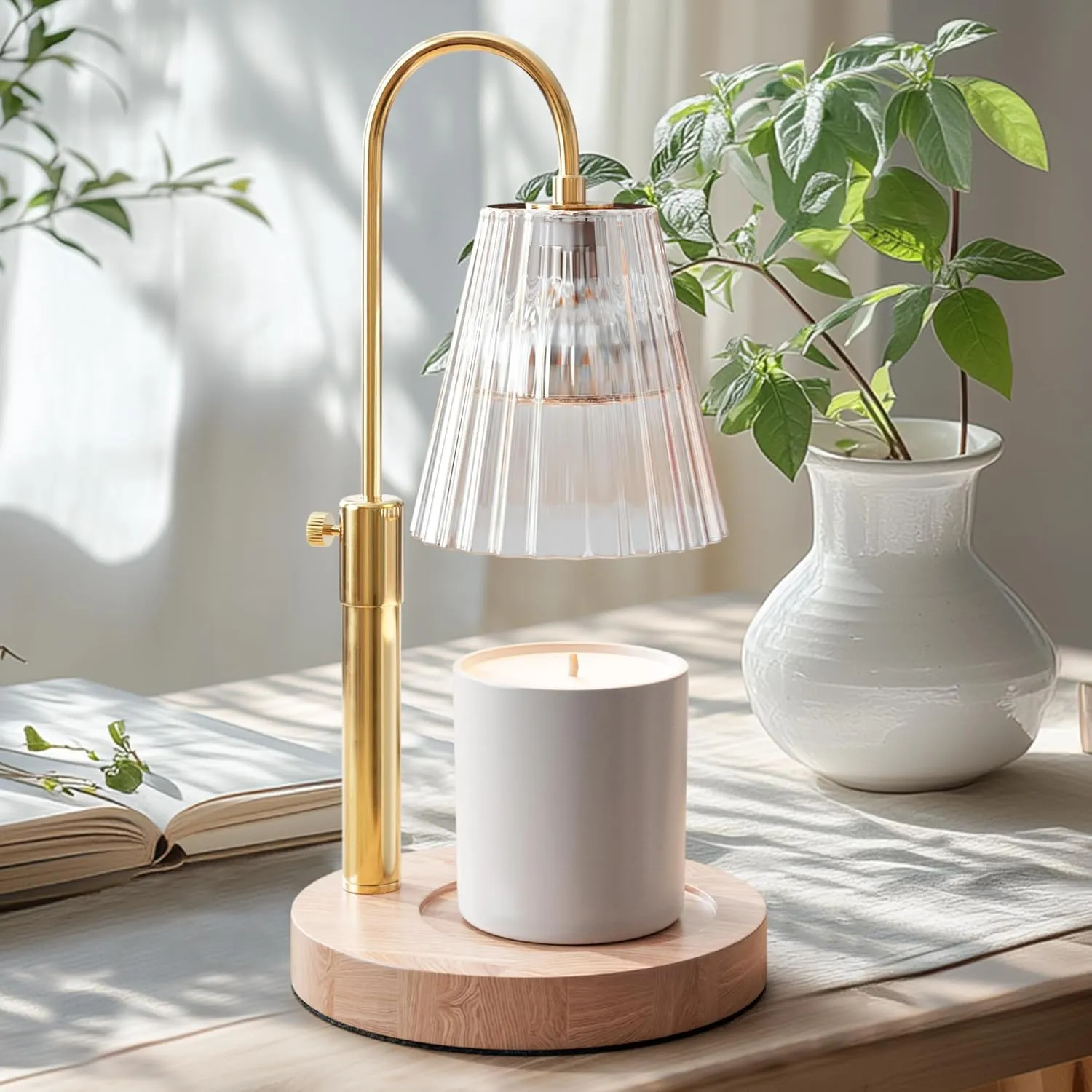 Wood Candle Warmer Lamp with Large Round Base & Adjustable Height, Dimmable Candle Lamp with Timer, Electric Lamp Candle Warmer for Jar Candles, Candle Melter Lamp with 4 Halogen Light Bulbs