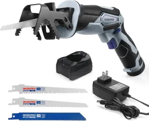 WORKPRO 12V Cordless Reciprocating Saw with Clamping Jaw, 2.0Ah Li-Ion Battery with 1 Hour Fast Charger, Variable Speed and Tool-Free Blade Change, 3 Saw Blades for Wood & Metal Cutting