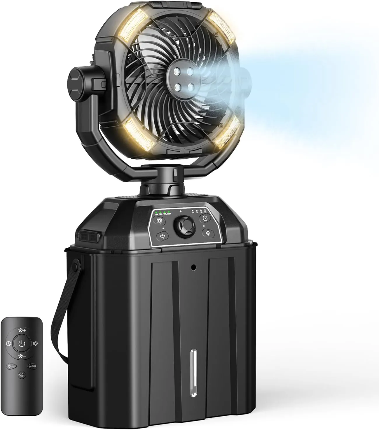 XAP Portable Misting Fan Rechargeable for Hot Weather - 9-inch Auto Swivel Fan with 25000mAh USB Battery as Power Bank, 4 Mist Cooler, 7L Bucket for Outdoor/Camping/Fishing/Yard/Beach/Golf
