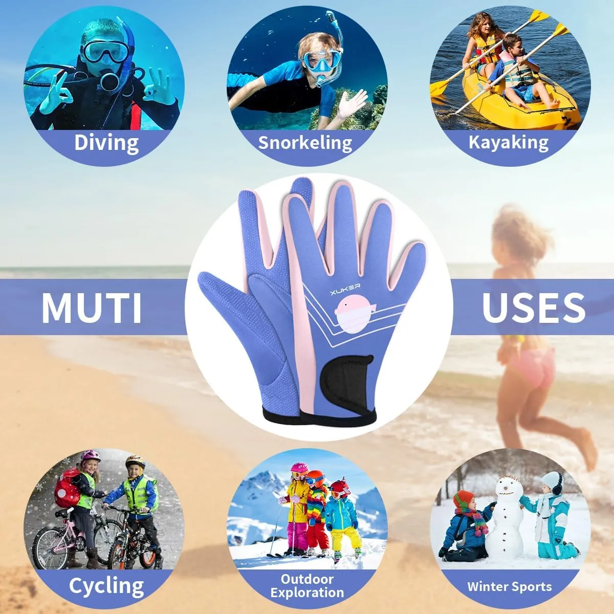 XUKER Neoprene Gloves for Kids, 2mm Wetsuit Dive Gloves Keep Warm for Diving Scuba Kayaking Snorkeling Swimming Water Sports