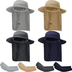 Yahenda 8 Pieces Sun Fishing Hats with Neck Flap and Arm Sleeves for Men Women Sun Protection UPF 50  4 Pcs Wide Brim Bucket Hat 4 Pcs Cooling Arm Sleeves for Fishing Hiking Garden, Multicolor