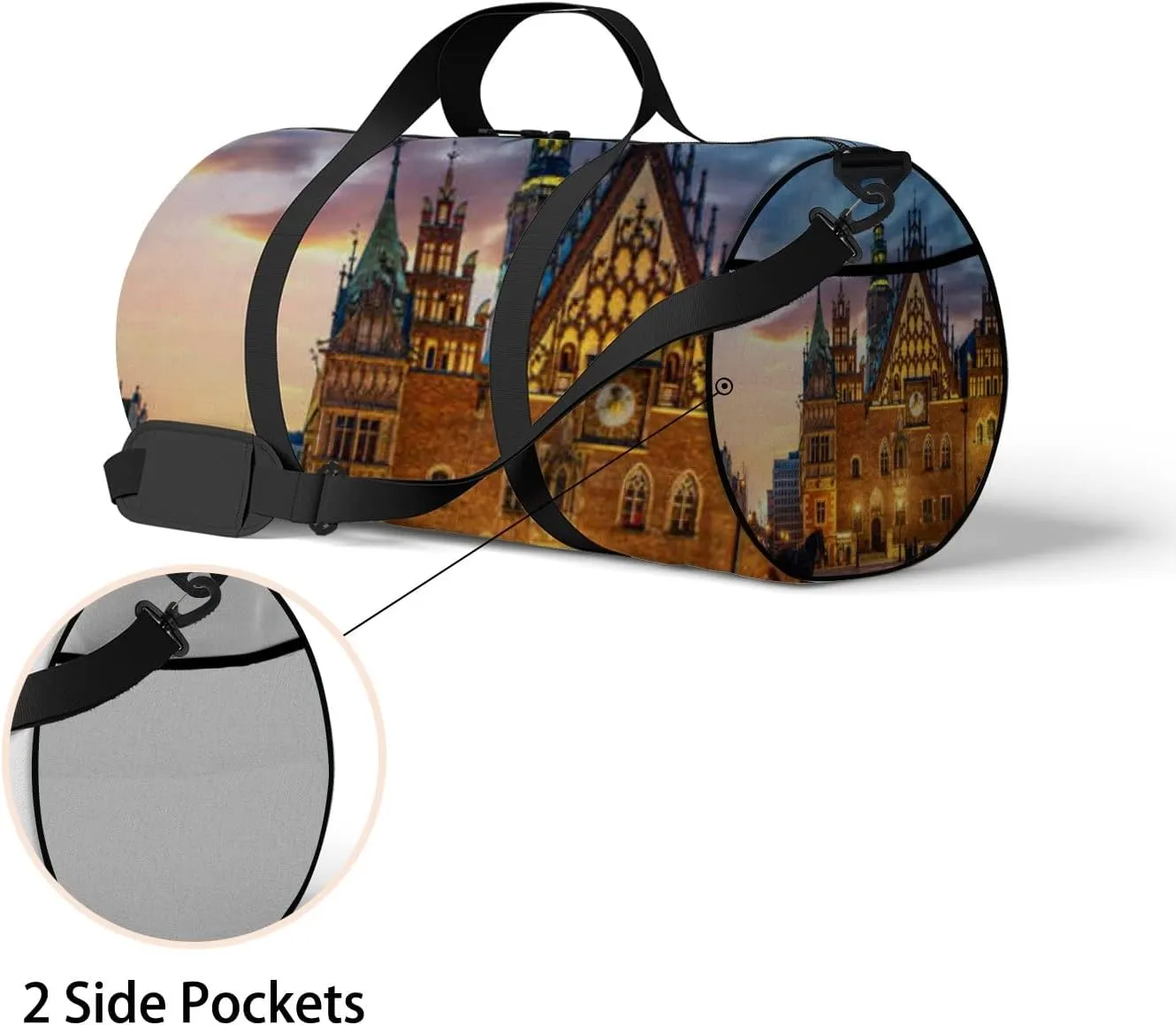 Yellow Wroclaw Central Market Square Sports Bag Tote Bag Waterproof Gym Bag with Shoulder Strap Zipper 2 Side Pockets for Men and Women, Travel and Storage Shoulder Bag.