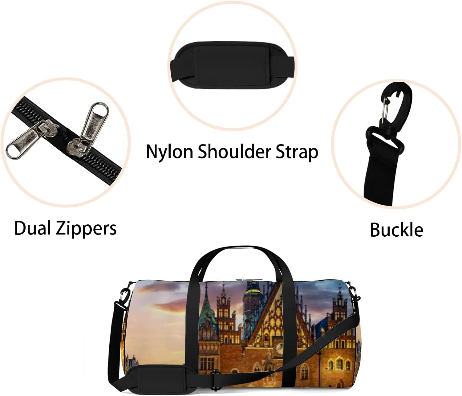 Yellow Wroclaw Central Market Square Sports Bag Tote Bag Waterproof Gym Bag with Shoulder Strap Zipper 2 Side Pockets for Men and Women, Travel and Storage Shoulder Bag.