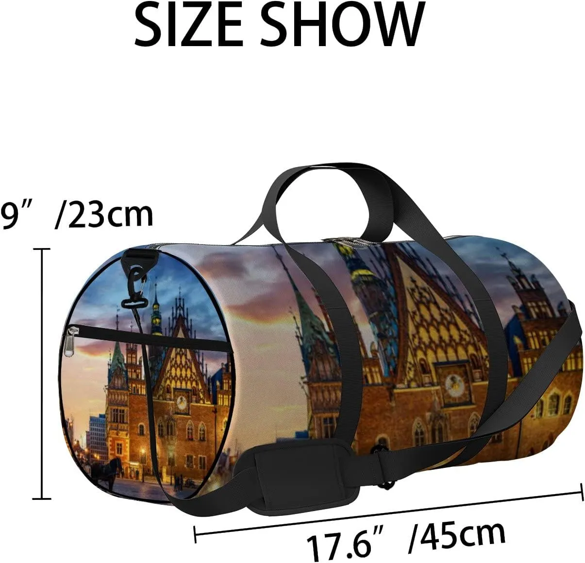 Yellow Wroclaw Central Market Square Sports Bag Tote Bag Waterproof Gym Bag with Shoulder Strap Zipper 2 Side Pockets for Men and Women, Travel and Storage Shoulder Bag.