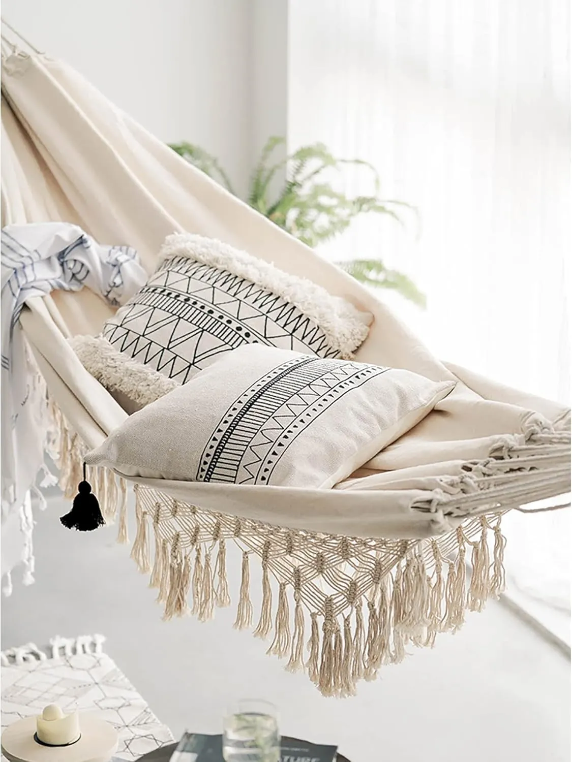 YFUG GO Double Sized Boho Macrame Cream Hammock with Elegant Tassels and Fishtail Knitting 485Lbs Includes Tie Ropes and White Drawstring Bag for Women