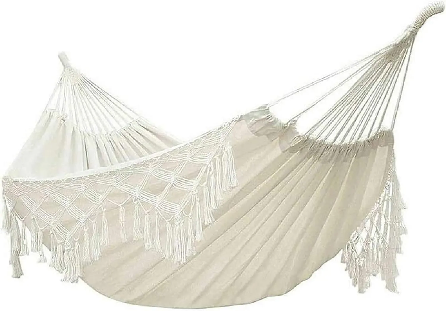 YFUG GO Double Sized Boho Macrame Cream Hammock with Elegant Tassels and Fishtail Knitting 485Lbs Includes Tie Ropes and White Drawstring Bag for Women