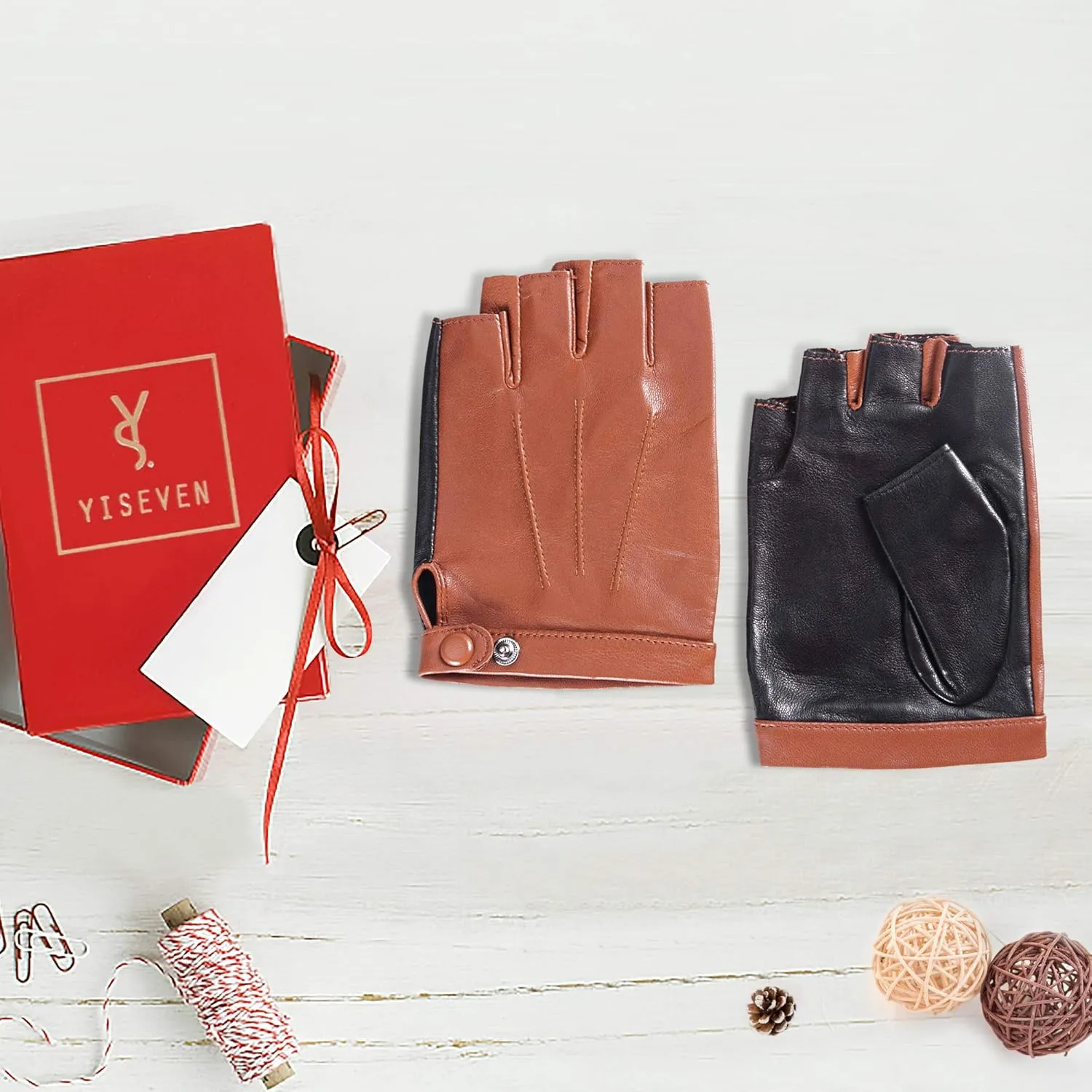YISEVEN Men's Fingerless Lambskin Leather Gloves