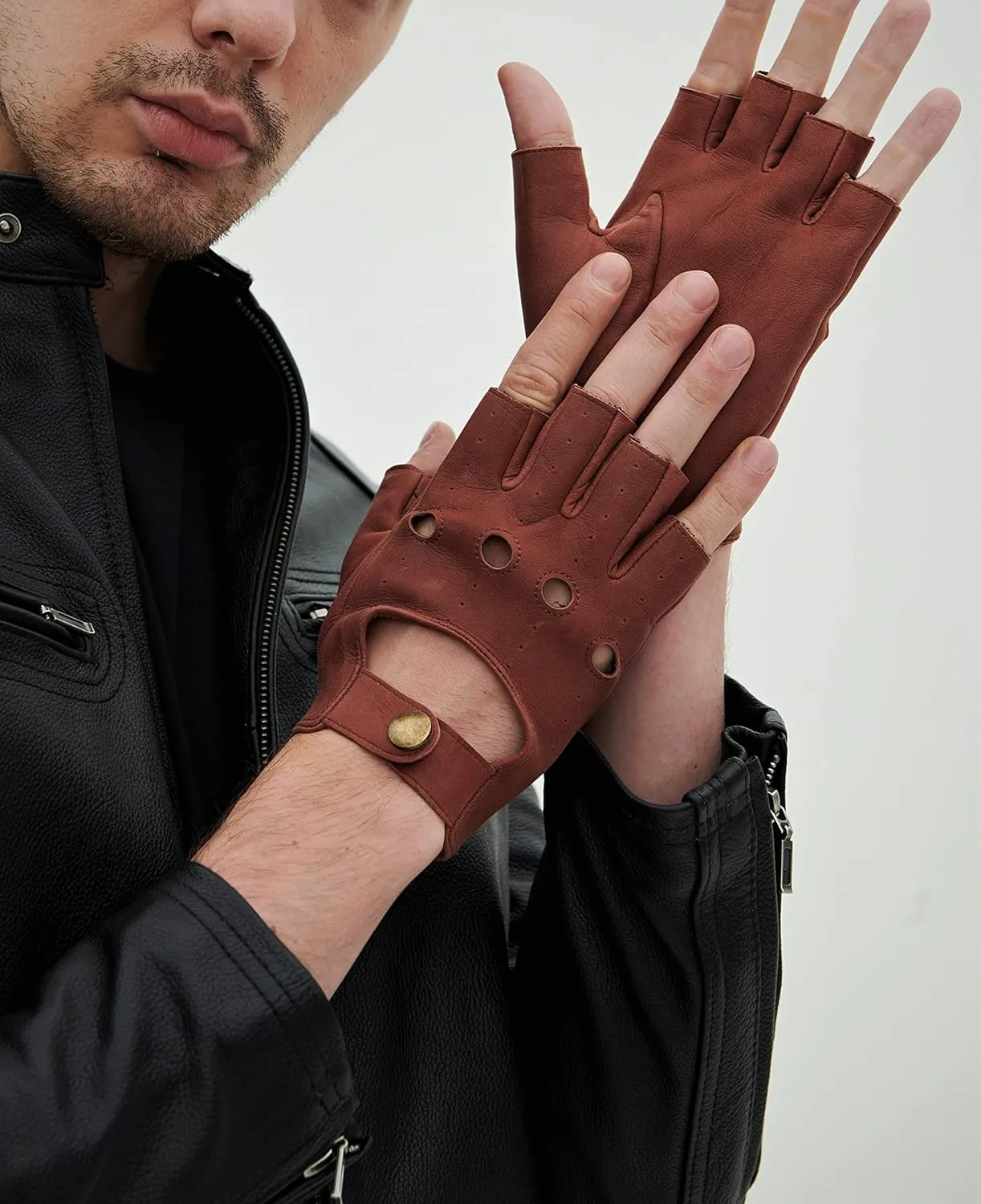 YISEVEN Men's Fingerless Lambskin Leather Gloves