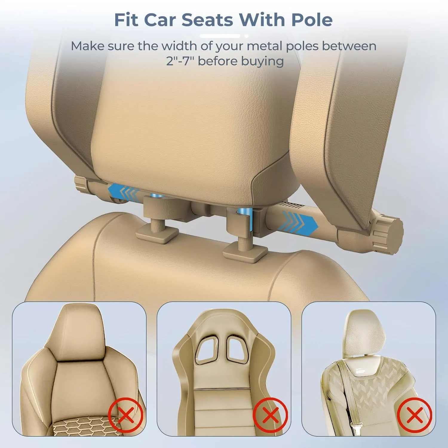 Yoocaa Adjustable Car Headrest Pillow, Road Pal Headrest, U-Shaped Travel Sleeping Pillow for Kids & Adults, Head Neck Support Only Suitable for Car Seat Headrest with Poles, Khaki