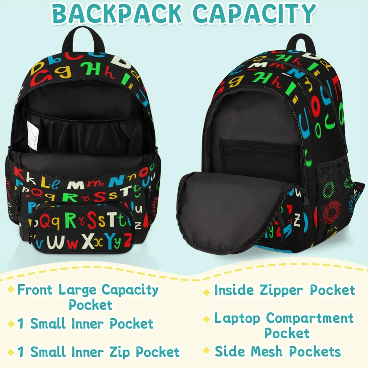 Yzrwebo Rainbow Letter Backpack for Women Men Alphabet ABC Lightweight Backpack with Multiple Pockets Laptop iPad Tablet Travel Sports Bag Casual Daypack Backpack Adjustable Shoulder Straps