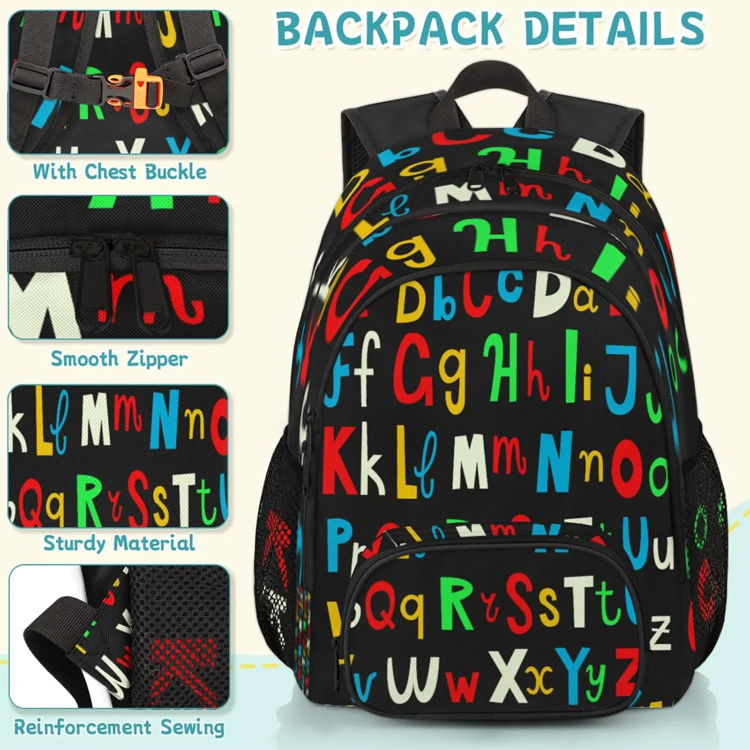 Yzrwebo Rainbow Letter Backpack for Women Men Alphabet ABC Lightweight Backpack with Multiple Pockets Laptop iPad Tablet Travel Sports Bag Casual Daypack Backpack Adjustable Shoulder Straps
