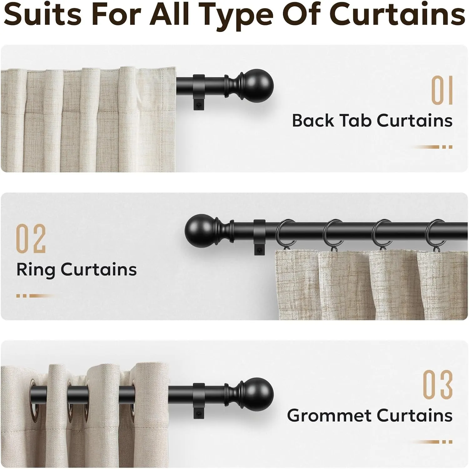 Zeerobee Curtain Rods for Windows 48 to 84, Adjustable Heavy Duty Wrap Around 1 Inch Curtain Rod, Outdoor Indoor Room Divider Modern Drapery Pole, Black, 32-86"