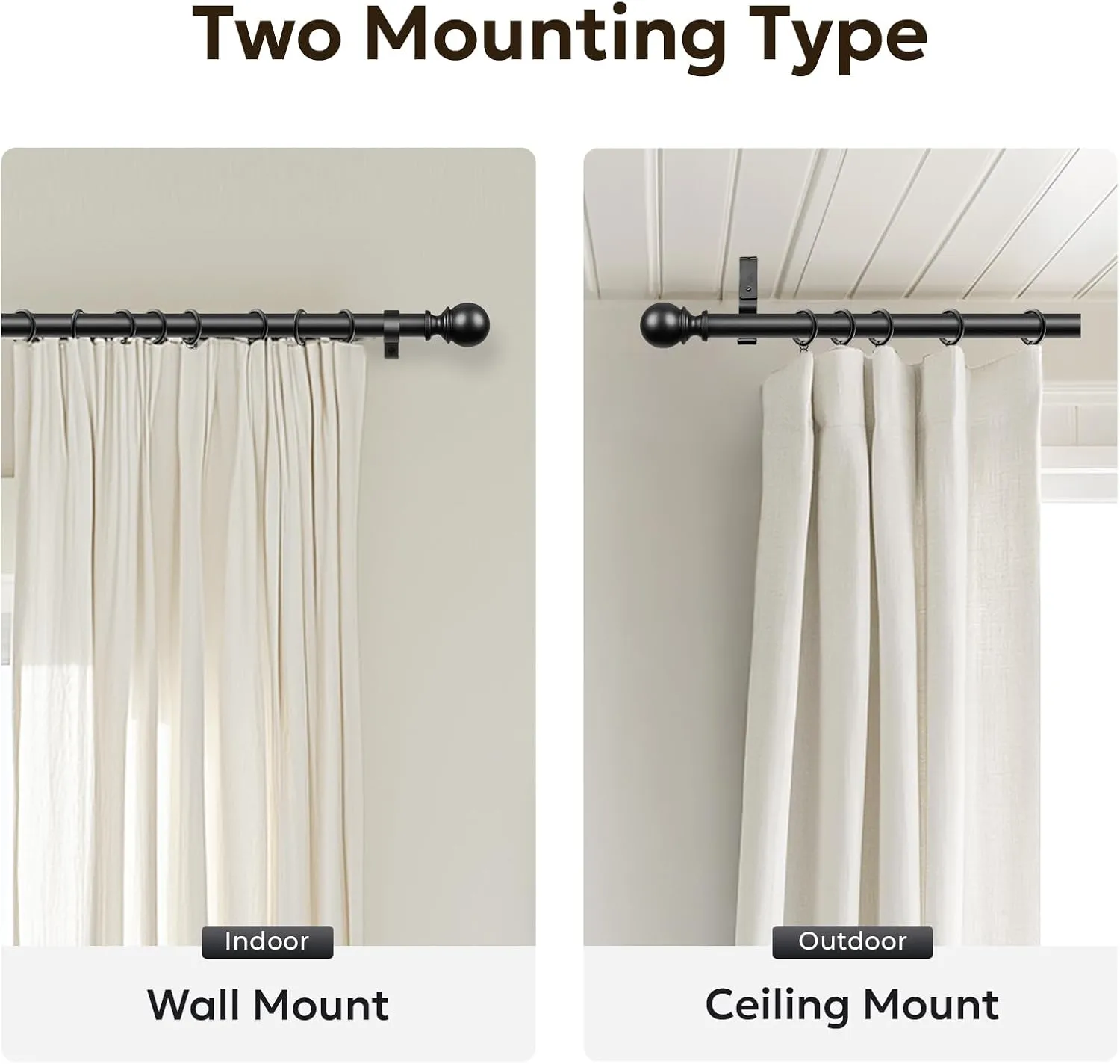 Zeerobee Curtain Rods for Windows 48 to 84, Adjustable Heavy Duty Wrap Around 1 Inch Curtain Rod, Outdoor Indoor Room Divider Modern Drapery Pole, Black, 32-86"