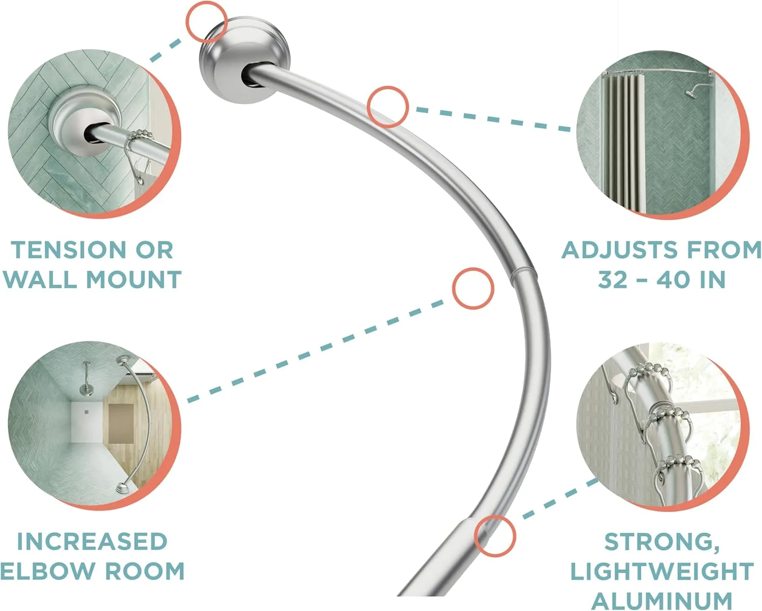 Zenna Home Curved Tension Shower Curtain Rod, Rustproof, Brushed Nickel, 32 to 40 Inches – Adjustable Shower Curtain Rod for Bathroom, Easy No Drill Install – NeverRust Tension Shower Curtain Pole