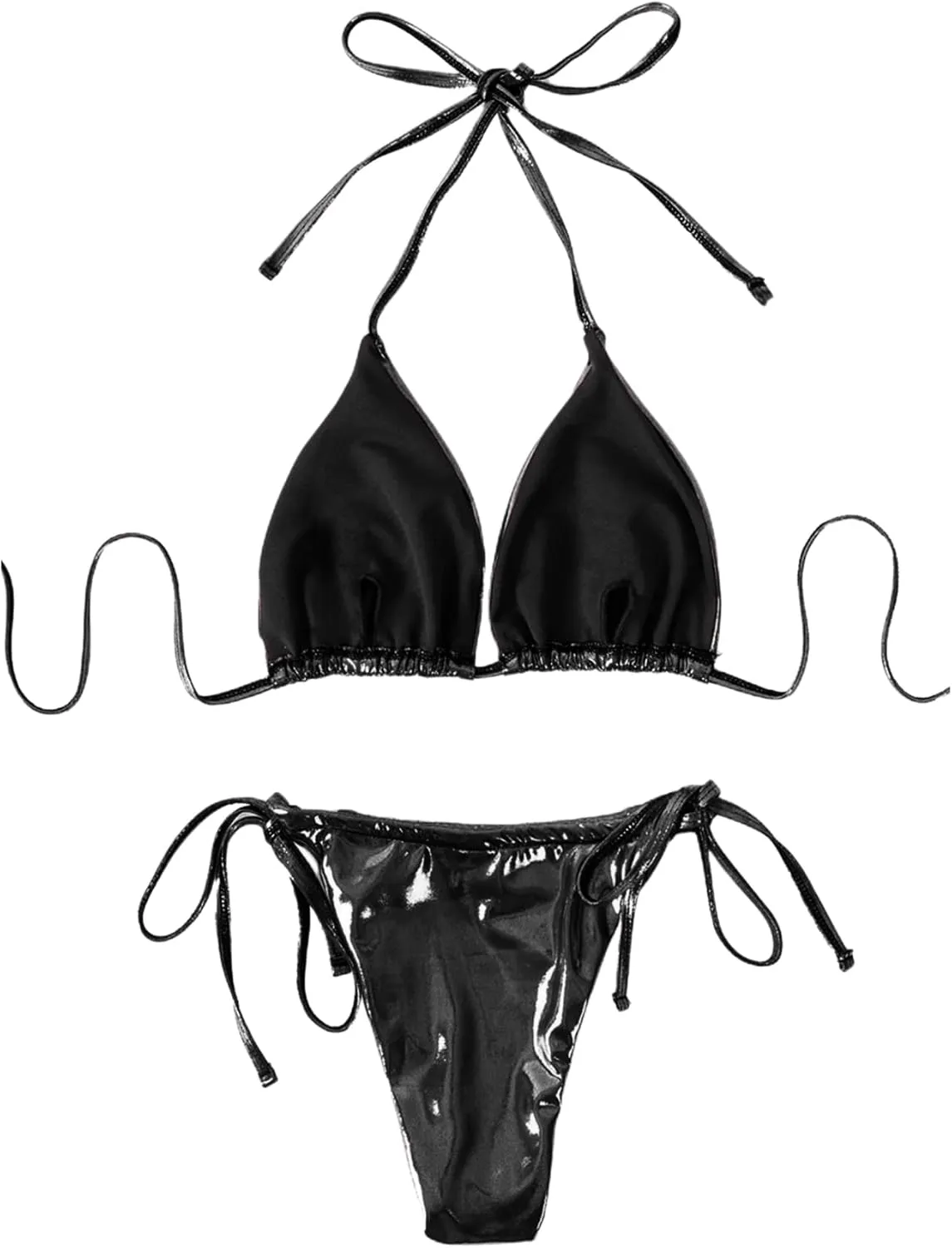 ZGMYC Women's 3 Piece Shiny Metallic Swimsuit Sexy Triangle Bikini Tie Side Thong Festival Outfit with Drawstring Mini Skirt